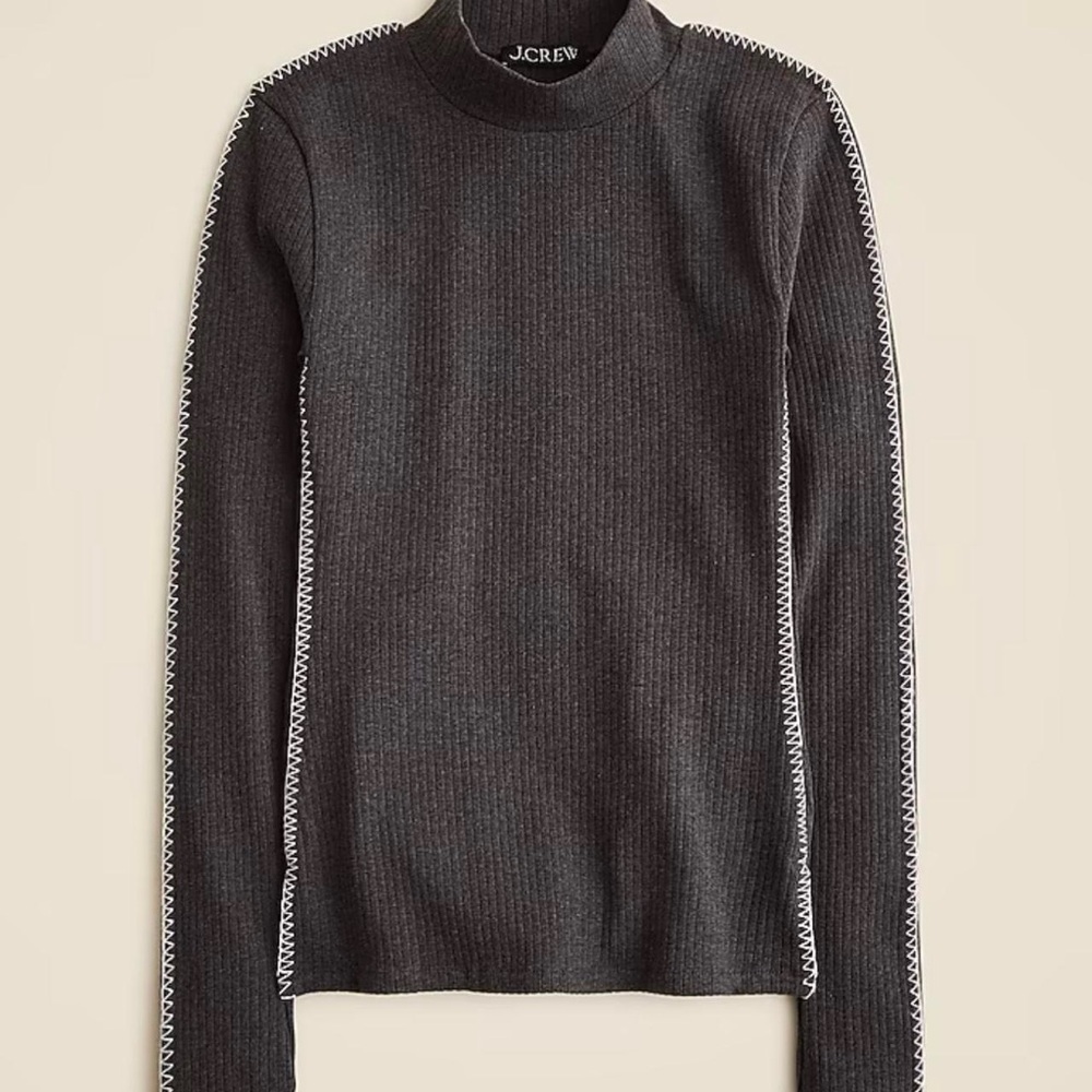 J.Crew ribbed mock neck ling sleeve tee in grey and white stitching